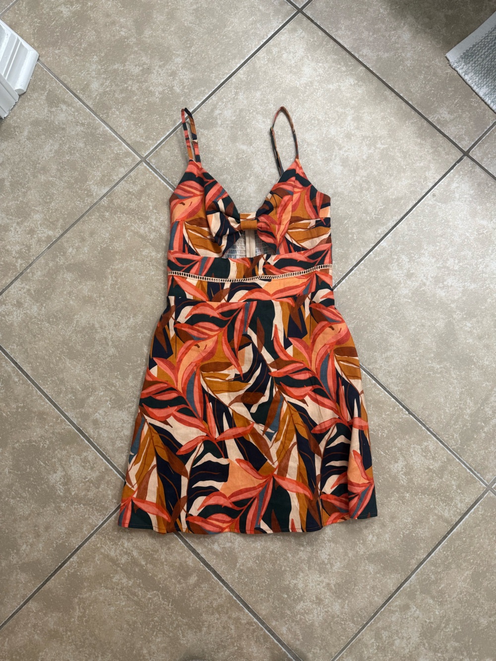 Tropical Leaf Print Midi Dress in Coral, Navy & Rust